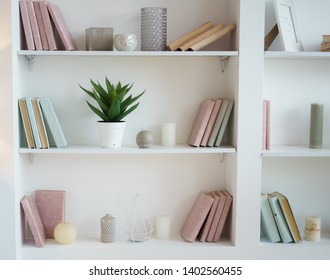 bookcase with pink and blue books. plant in pot. white interior. room decor. - Shutterstock ID 1402560455