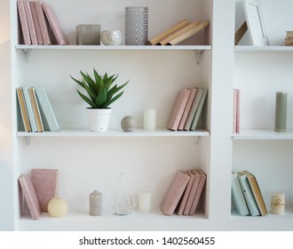 bookcase with pink and blue books. plant in pot. white interior. room decor.