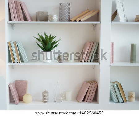 bookcase with pink and blue books. plant in pot. white interior. room decor.