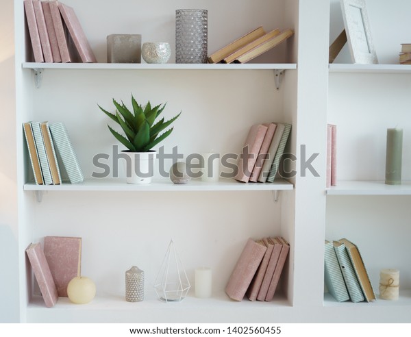 bookcase with pink and blue books. plant in pot.\
white interior. room\
decor.