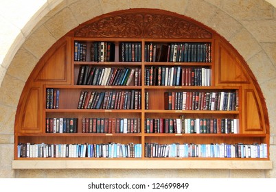 Bookcase and shelves of religious literature at the Western Wall Jerusalem Israel