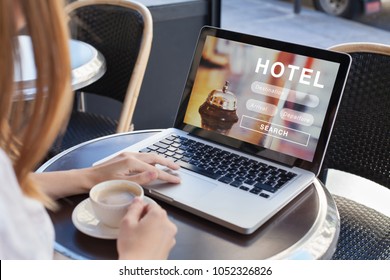 Booking Hotel On Internet, Travel Planning, Online Reservation Concept, Woman Looking At Screen Of Computer Searching  Accommodation