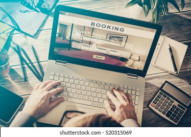 Booking Hotel Travel Traveler Search Business Reservation Holiday Book Research Plan Tourism Concept - Stock Image