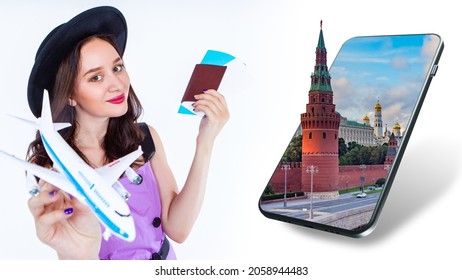 Booking Tours Online. Travel In Russia. Virtual Travel During The Coronavirus Period. Online Tours. A Collage In A Magazine Style With A Traveler Girl. View Of The City On The Smartphone Screen.