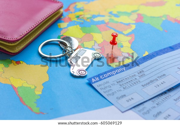 booking\
travel concept with tickets on map\
background