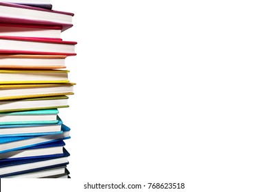 Books. A Lot Of Books With Bright Covers In One Pile Isolated On White Background. Place For Text. Design Element, Paper And Leather Texture. Colorful Books On The Shelf, Close Up