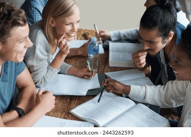 Books, education and students studying together, happy to share ideas for research project and assessment. Diversity, group of people and learning for academic growth, university and campus library - Powered by Shutterstock