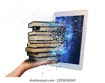 Books enter into the screen of an e-book - Shutterstock ID 2293058569