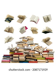 Books falling on a large pile of books on a white background.