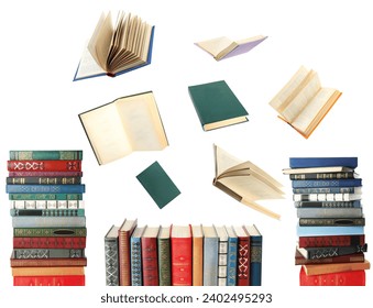 Books flying over stacks on white background - Powered by Shutterstock