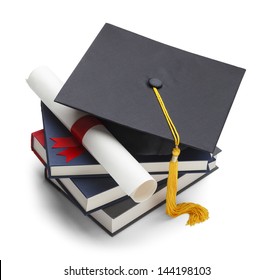 Books with Graduation Cap and Degree Isolated on White Background.