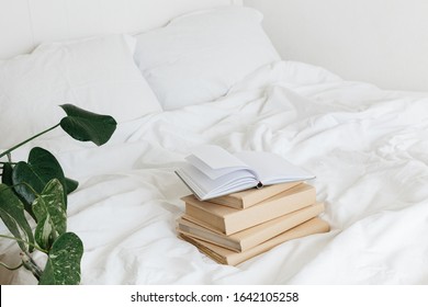 Books On Bed White Bed Linen Houseplants. Sweet Home Morning Time.
