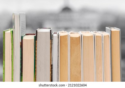 Books On Grey Background. Wisdom In Books. Book Stack. Reading Book Concept. World Book Day.