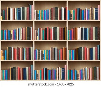 Books on a wooden shelfs. 