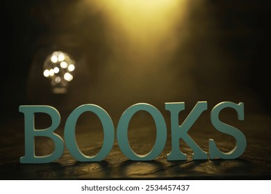 Books Sign in Dimly Lit Room with Warm Light and Bokeh Background - Powered by Shutterstock