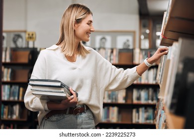 Books store, library choice and woman choosing best seller for university research, college study or school education learning. Commerce, retail shelf and student customer shopping for best seller