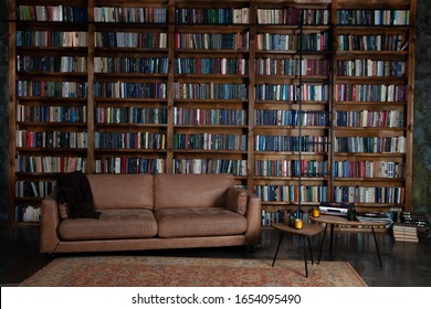 Bookshelves in the library. Large bookcase with lots of books. Sofa in the room for reading books. Library or shop with bookcases. Cozy book background. Bookish, bookstore, bookshop. 