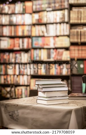 Bookstore. Pile of books on table. Education, school, study, reading fiction literature concept