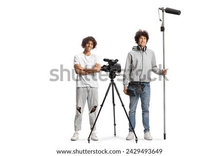 Boom and camera operators with recording equipment isolated on white background