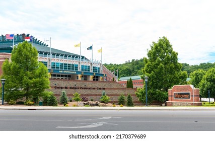 BOONE, NC, USA-20 JUNE 2022: Appalachian State University, monument sign and George M. Holmes Convocation Center.