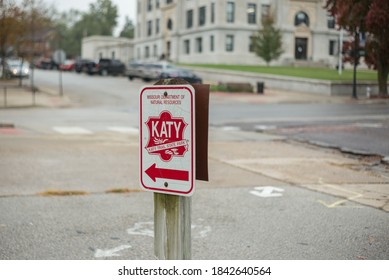 Boonville, MO / United States Of America - October, 21st 2020 : Sign For Katy Trail State Park, A Multiuse Gravel Rail Trail That Spans 240 Miles, And Is Part Of The Lewis And Clark National Trail.