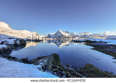 Similar – Image, Stock Photo Reinevagen-gulf + Reinehalsen-isthmus + Reinebringen-mount. 0341