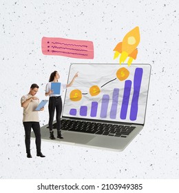 Boost sales.Creative design. Contemporary art collage. Man and woman, analytics making sales statistics. Creating graph of money growth. Concept of shopping business, success, profit, promotion and ad - Shutterstock ID 2103949385