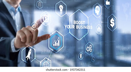Boost Your Business 2021. Businessman touching finger virtual screen