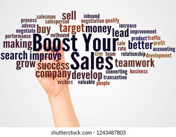 Boost Your Sales Word Cloud And Hand With Marker Concept On White Background.