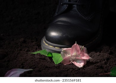 boot kills a young beautiful plant, the concept of care of nature and protection of the environment