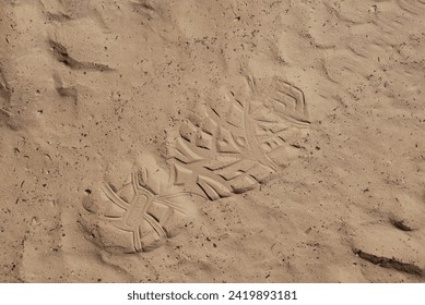 Boot prints left by hikers are pressed into the sand of a dry stream bed trail in a slot canyon in Utah. They'll remain until the next rainfall, or obliterated by the next group of hikers.