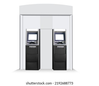 Booth Of Two ATM Automated Teller Machines Isolated On White Background For Advertising Mockup Template. Out-of-home OOH Media Display Space For Bank Advertisements Branding; With Clipping Paths