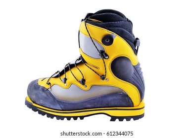 Boots (Shoes) For High Altitude Mountaineering And Climbing Isolated On White Background With Work Path.