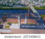 Boott Mills aerial view on Merrimack River at Lowell National Historical Park in historic downtown Lowell, Massachusetts MA, USA. 