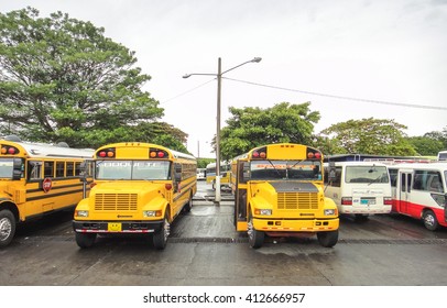 BOQUETE/PANAMA - OCTOBER 2 2014: Yellow school buses in Boquete. Blue Bird Corporation. IC Bus. Thomas Built Buses, Inc.