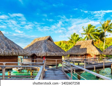 BORA BORA, FRENCH POLYNESIA - SEPTEMBER 19, 2018: View Of The Bungalow On The Sandy Beach
