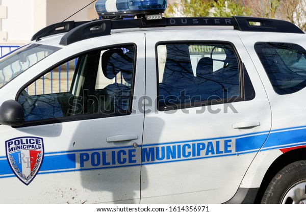 Bordeaux ,\
Aquitaine / France -  01 09 2020 : side white car police municipale\
french Municipal police vehicle\
