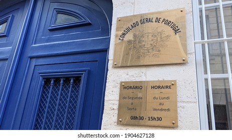 Bordeaux , Aquitaine  France - 01 24 2021 : Consulado geral de portugal copper plate on the entrance with opening hours of Portuguese Consulate