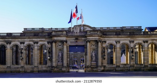 Bordeaux , Aquitaine  France - 01 24 2022 : French tricolor and banner flag on mairie text building city hall in town center of Bordeaux in france