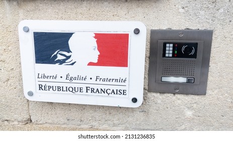 Bordeaux , Aquitaine  France - 02 28 2022 : Republique Francaise Sign Logo For France Republic With Text Brand Freedom Equality Fraternity In French Facade Building