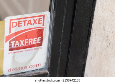 Bordeaux , Aquitaine  France - 03 12 2022 : shop tax free text duty free shop sign stickers by detaxe brand guide site store Locator on windows boutique