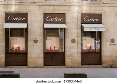 Bordeaux , Aquitaine France - 03 03 2021 : Cartier Logo Sign And Brand Text Front Of Facade Boutique Fine Jewelry Watches Bridal Sets Shop Accessories And Fragrances Store