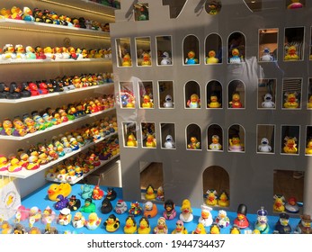 Bordeaux , Aquitaine France - 03 25 2021 : Duck Shop Yellow Collection Of Various Rubber Ducks In A Shop Window 