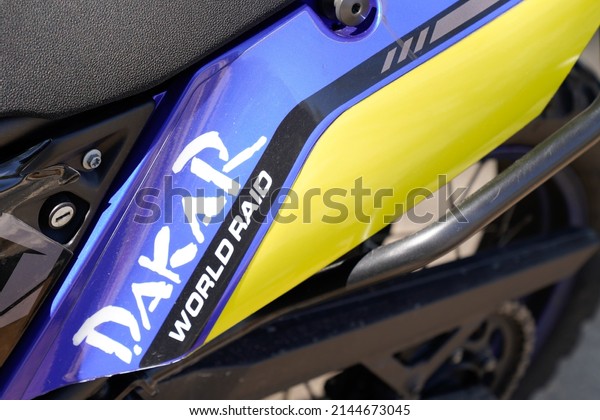 Bordeaux ,\
Aquitaine  France - 04 05 2022 : Dakar adventure car motorcycle\
truck race logo brand on side motorbike\
racing