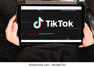 Bordeaux , Aquitaine France - 04 15 2021 : Tik Tok Logo Brand And Text Sign White On Tablet Screen Black Icon Application Tiktok Social Media Platform Network