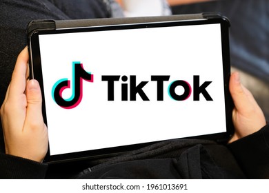 Bordeaux , Aquitaine France - 04 22 2021 : Tik Tok Logo Brand And Text Sign On Tablet Screen Icon Application Name Of Tiktok Social Media Platform Network