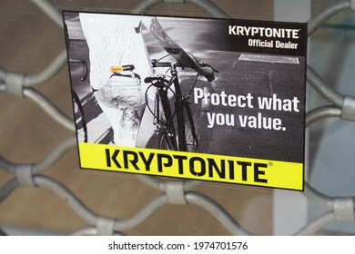 Bordeaux , Aquitaine France - 05 14 2021 : kryptonite sign logo and brand text front of store bicycle lock lockup protection shop lock for bike security