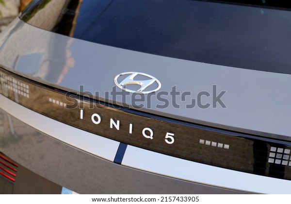 Bordeaux , Aquitaine  France - 05 15 2022 :\
Hyundai ioniq 5 car logo brand and sign front of vehicle electric\
in retailer showroom