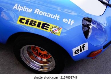 Bordeaux , Aquitaine  France - 05 17 2022 : Alpine Renault Berlinette A110 Car Detail Side Of French Racing Car With Logo Brand Cibie And Text Sign Elf