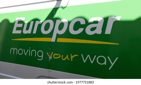 Bordeaux , Aquitaine France - 05 18 2021 : europcar moving your way logo brand and text sign on side truck panel van side of rental french vehicles